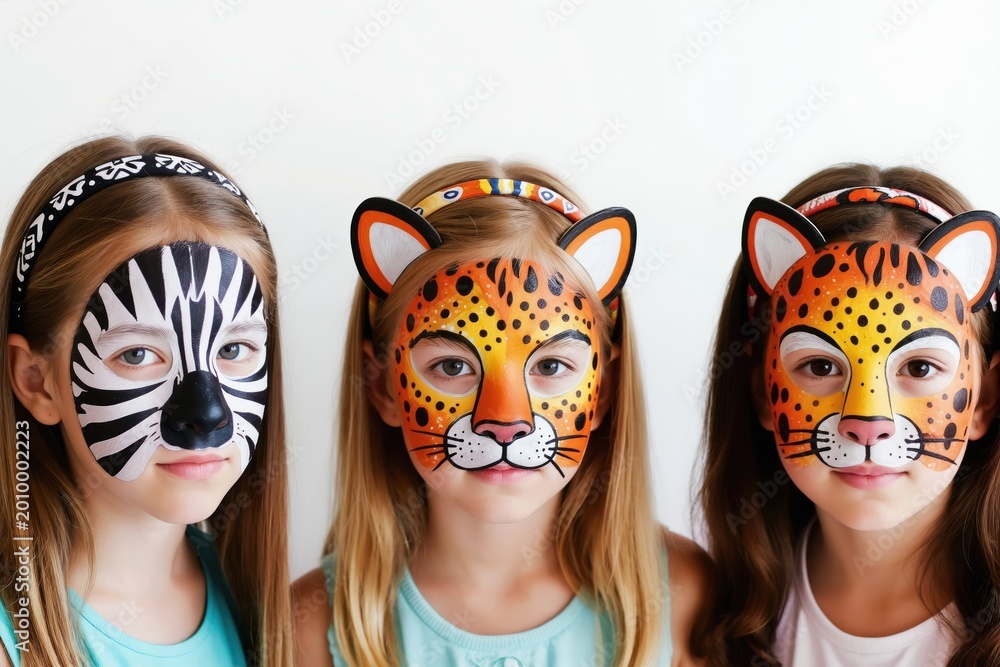 Naklejka premium Three girls wear animal face paint, a zebra and two leopards, smiling gently. They have headbands with matching ears. Children play, having fun outdoors. Their faces are bright.