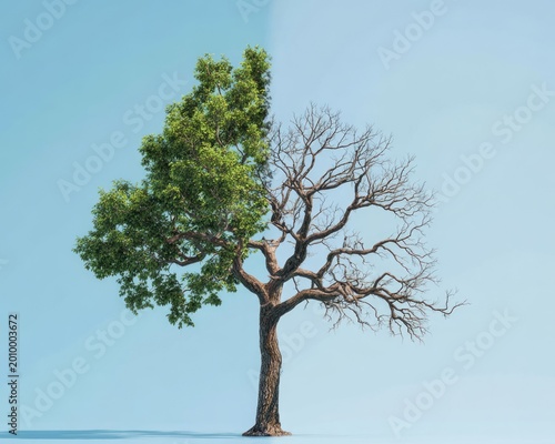 Single Tree Half Alive Half Dead Environmental Concept