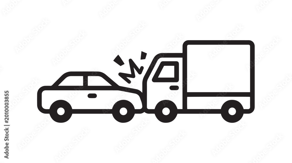 Obraz premium Minimalist vector line illustration showing a car colliding with a truck in an unfortunate road accident