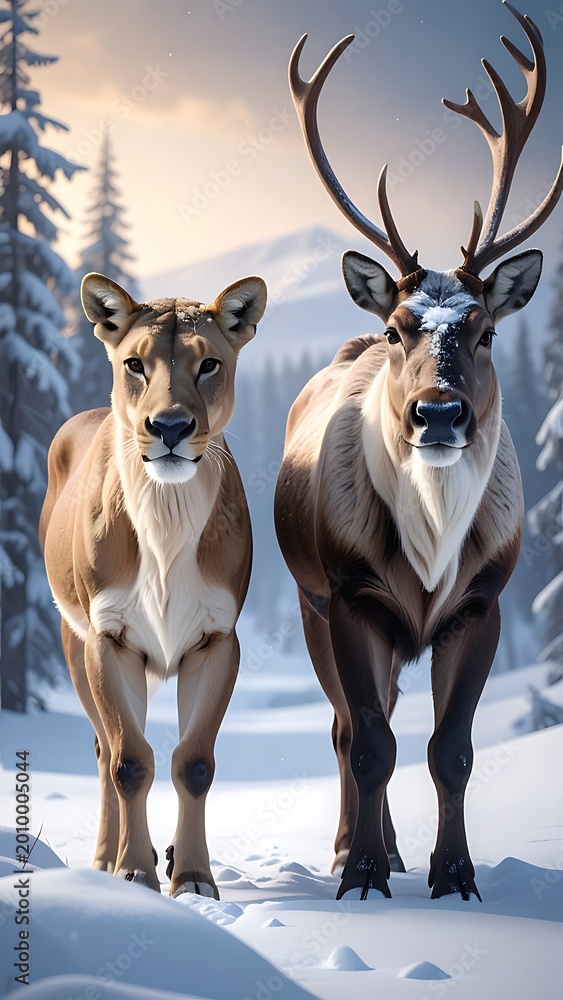 Obraz premium Two deer standing in snowy forest.