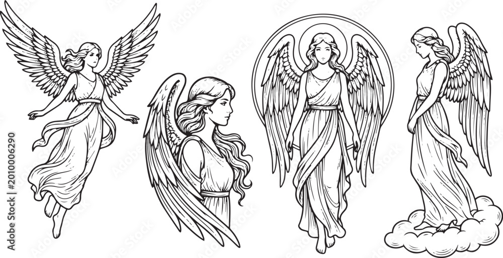 Obraz premium Collection of angelic figures rendered in a classic illustrative style, featuring wings and halos