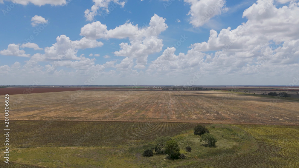 Fototapeta premium Aerial View of Expansive Australian Farmland Under a Cloudy Blue Sky