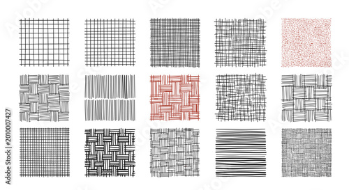 Grid of diverse hand-drawn crosshatch and weave patterns in black and red ink showing various hatching techniques.