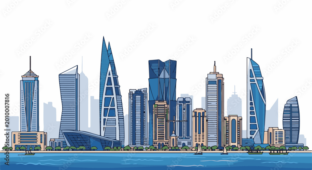 Obraz premium Vibrant city skyline with modern skyscrapers overlooking a blue ocean
