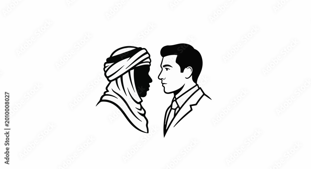 Fototapeta premium Two men, one in traditional headwear, the other in a suit, face each other