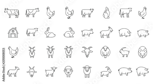 Set of simple black line art icons featuring various farm animals such as cows, pigs, goats, chickens, and rabbits.