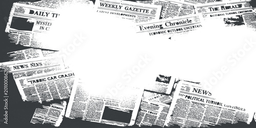 Foto Abstract grunge newspaper background with overlapping torn paper clippings distr