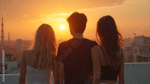 Friends on a rooftop at sunset. Black and white outfits photography. Ultra realistic sunset backdrop. Urban fashion photoshoot ideas.