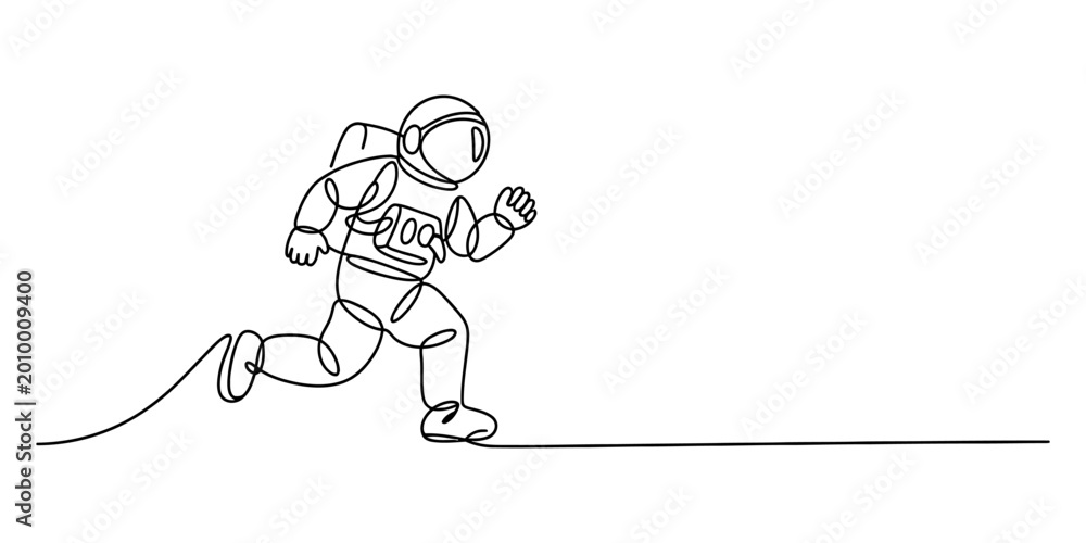 Fototapeta premium Astronaut running in space, one line drawing, simple style Vector, illustration