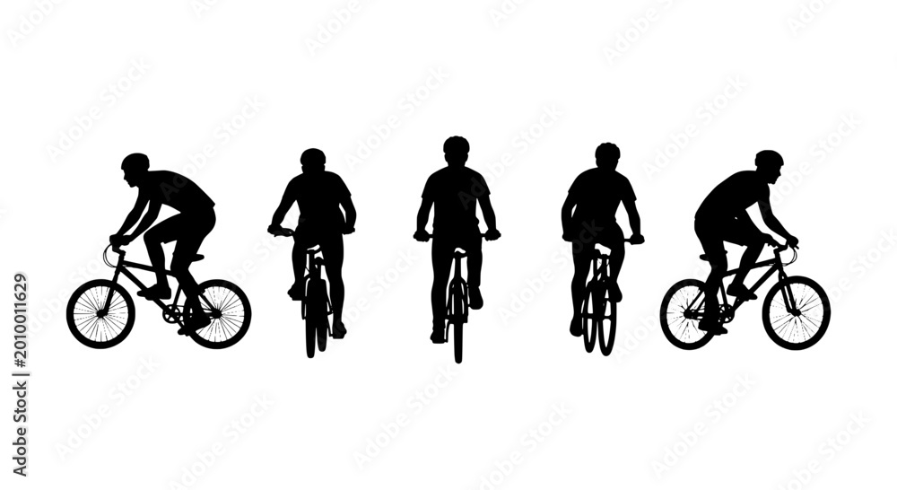 Obraz premium Bikers riding mountain bikes in silhouette style with dynamic poses featuring cycling, sports, outdoor with fitness and exercise elements for