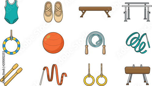Bild auf Leinwand Gymnastics Equipment Icons Set Featuring Leotard Shoes Balance Beam Parallel Bars Rings Rope Ball Clubs and Rhythmic Gymnastics Training Elements