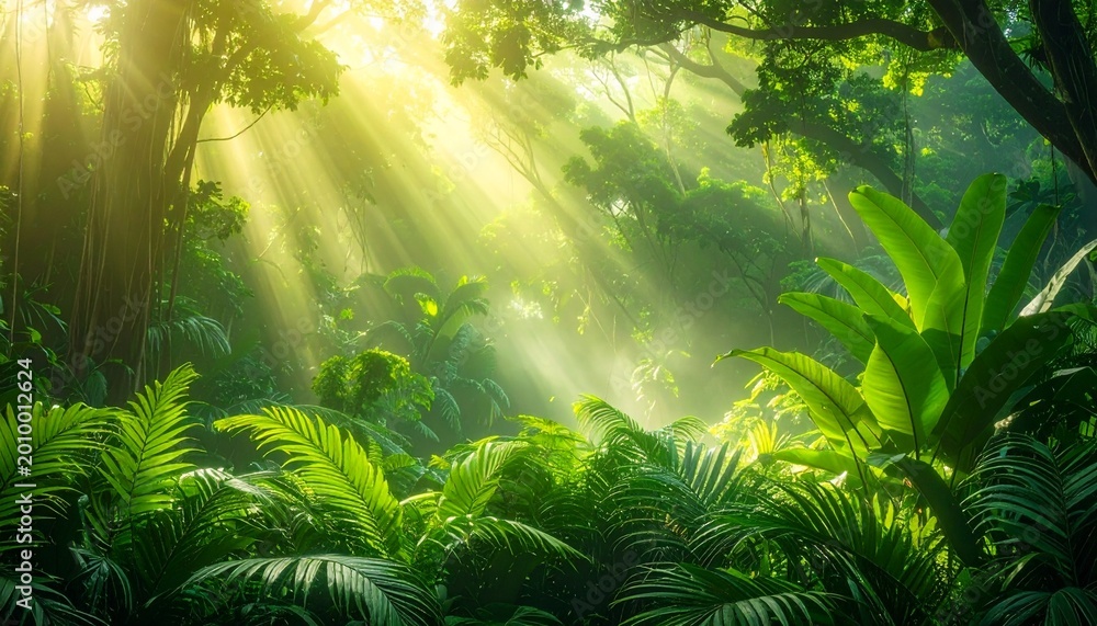 Fototapeta premium Powerful sun rays pierce through the dense canopy of a tropical jungle, highlighting large exotic fern plants and a variety of vibrant green foliage.
