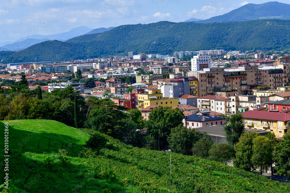 Fototapeta premium Panoramablick vom Castello di Brescia auf die Stadtlandschaft und den städtischen Weinberg Pusterla, Brescia, Lombardei, Italien