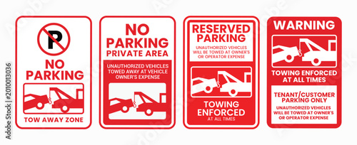 Canvas Print No parking signs with tow away warning red and white isolated on white backgroun