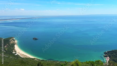 Panoramic aerial view of Arrabida beach. Rocky seascape. Creiro beach. Setubal region, Atlantic Ocean, Portugal