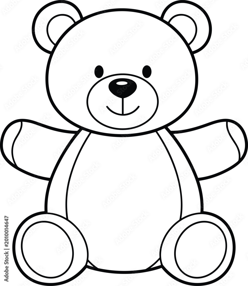 Fototapeta premium Black and white teddy bear illustration, cute children’s toy vector drawing with round head, smiling face, playful design, childhood, innocence, happiness concept