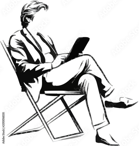 A man in an unbranded suit sits casually on a folding chair, engrossed in reading a digital newspaper on his generic tablet, with intricate black-and-white line art details capturing the serene