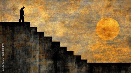 Silhouette of a person walking upwards on textured steps against a textured, sunset sky