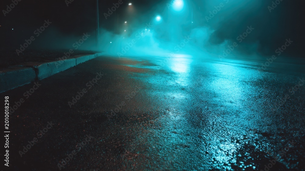 Naklejka premium Road in fog at night illuminated by lights