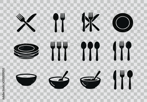 A collection of simple black kitchen utensils and tableware icons arranged on a transparent background
