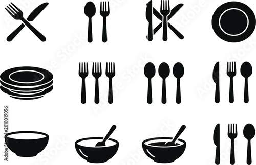 A collection of simple black icons featuring cutlery, plates, and bowls for culinary design and restaurant themes