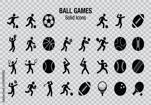 Collection of solid icons representing various ball games and sports actions for creative projects and illustrations