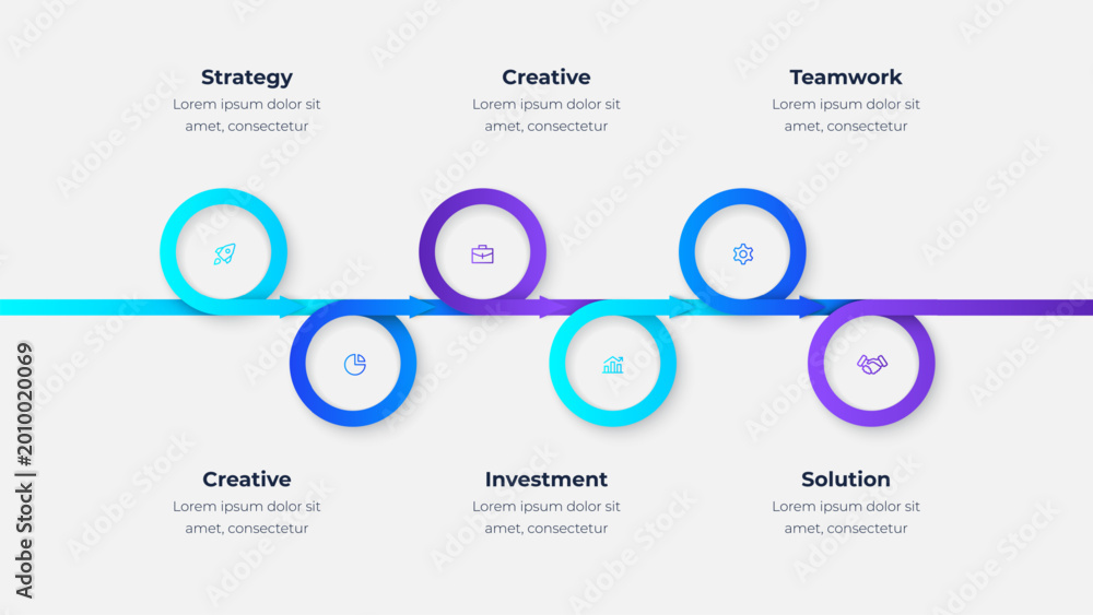 Fototapeta premium Business process infographic template with 6 steps. Modern gradient style timeline workflow, artificial intelligence concept vector design