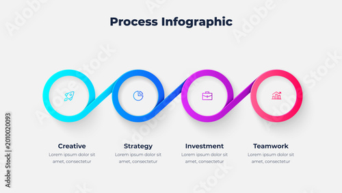 Looping business process infographic template with 4 steps. Modern gradient style connected timeline vector design