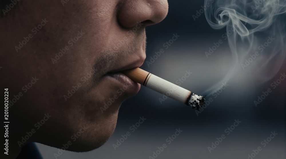 Fototapeta premium Person smokes cigarette close-up view. White smoke rises from lit tobacco stick. Dark background, urban setting hints. Close up of mans mouth smoking.