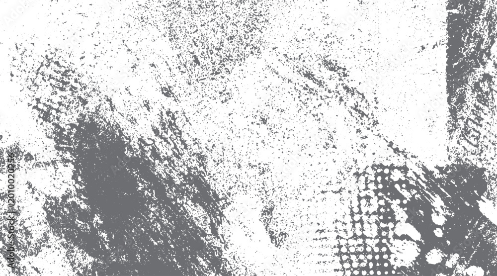 Obraz premium Grungy distressed texture with scattered dots and abstract paint splatters in shades of grey and white