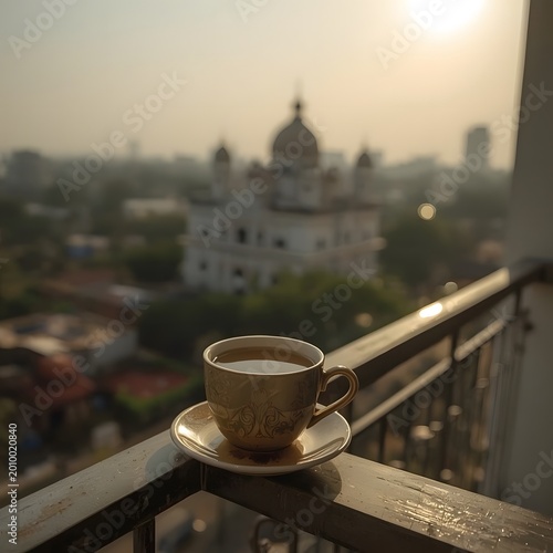 Cup of tea on a balcony railing with a city view at sunrise
