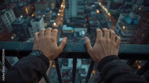 Man's hands gripping a rooftop ledge overlooking a city at dusk