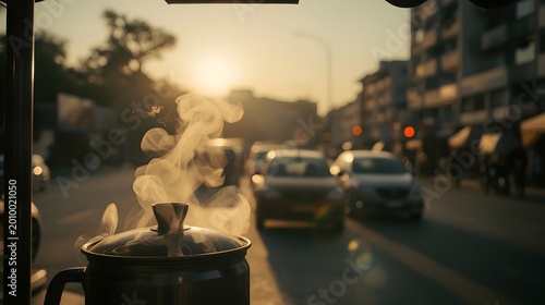 Steaming pot on a street food stall at sunset in an urban setting