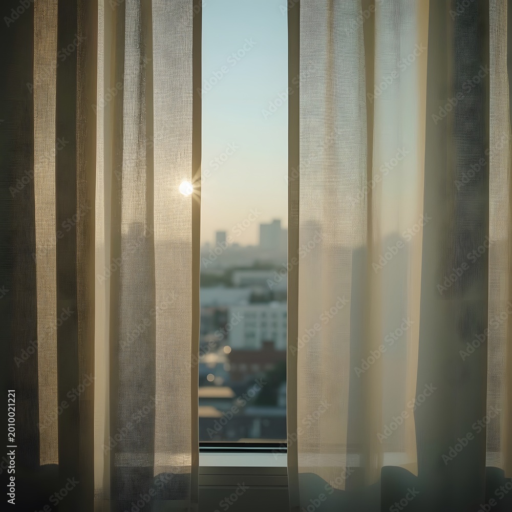 Obraz premium Sunlight through sheer curtains in a city apartment