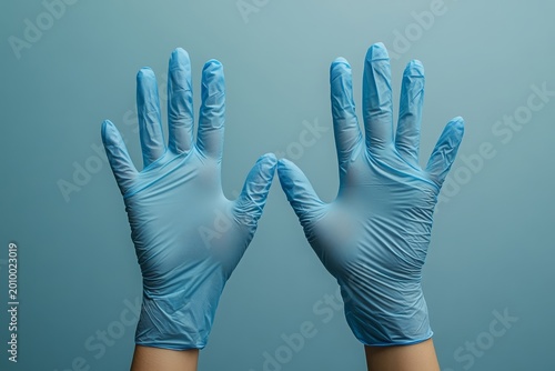 Hands wearing blue latex gloves raised against a blue background during a health or safety-related activity