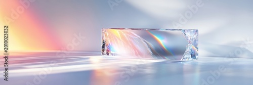Light refracts through clear crystal block on smooth surface creating colorful patterns during daylight