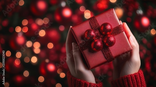 Hands hold a wrapped red gift with shiny ornaments in front of a decorated Christmas tree in a festive setting