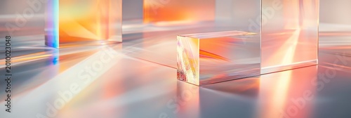 Colorful light reflections from clear blocks on a smooth surface in a bright room during daylight hours