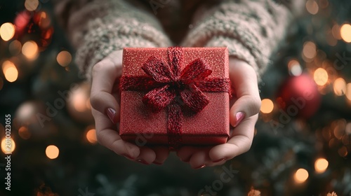 Hands hold a small red gift box with a bow in front of a decorated Christmas tree during the holiday season