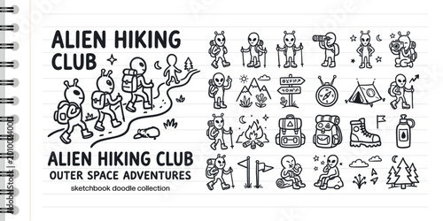 Alien Hiking Club Doodle Collection with Extraterrestrial Characters Trekking and Camping Icons