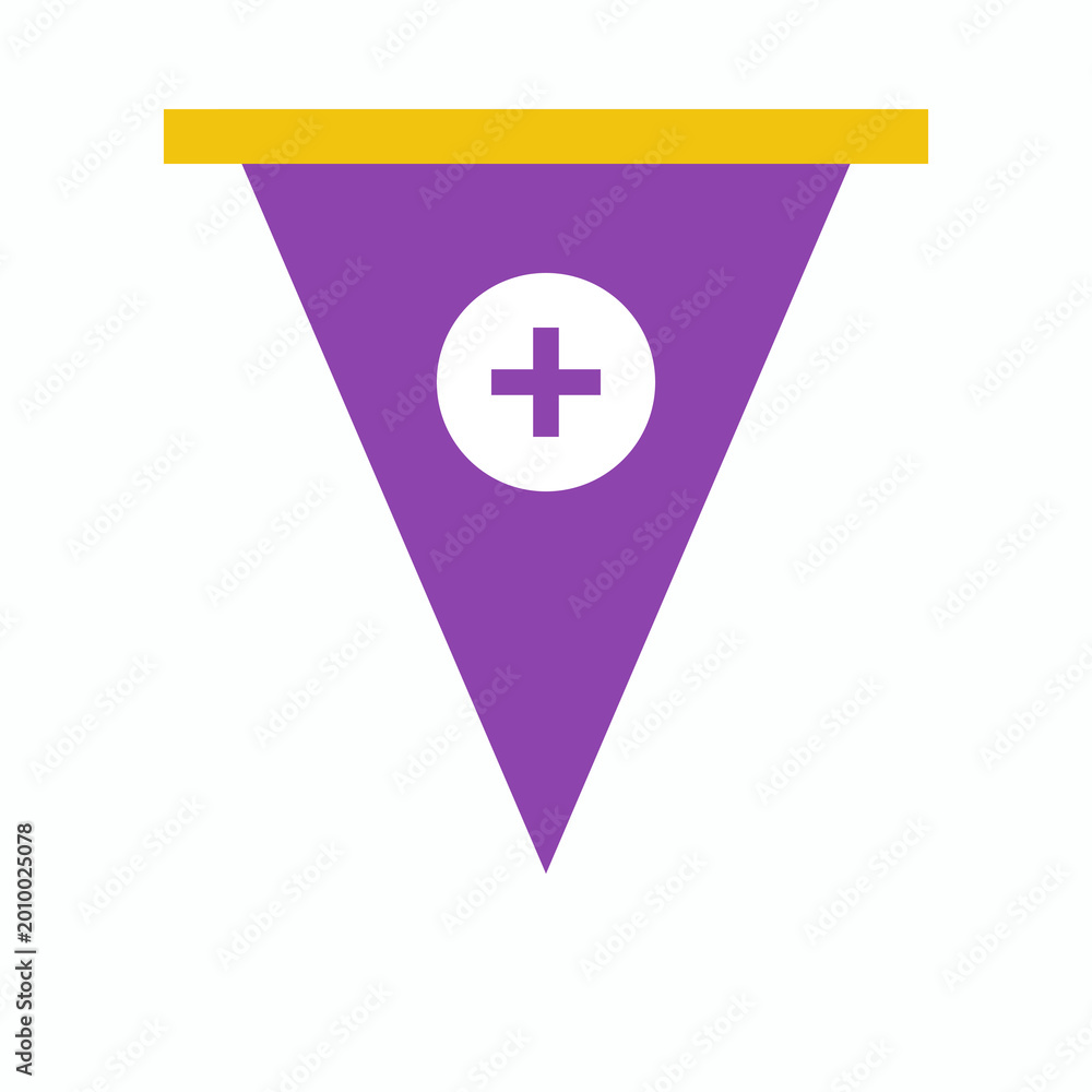Fototapeta premium Purple triangular flag pennant with a yellow trim and a white circle plus sign illustration