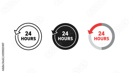 Foto 24 hours service icon set with circular arrows in line art and flat color styles