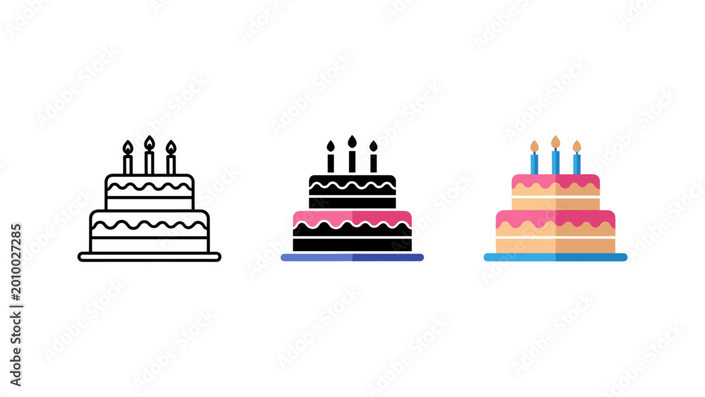 Naklejka premium Three different cake icons: outline filled flat design with candles white backgroun