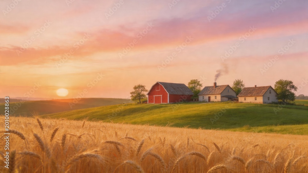 Fototapeta premium Farmhouse in wheat field at sunset