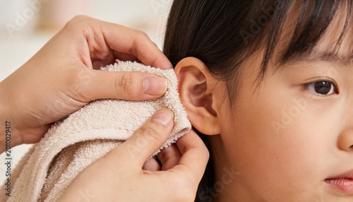Wiping child's right ear, dark hair with beige terry towel in home bathroom, adult fingers pressing