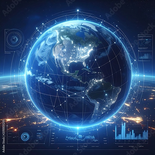 Global Digital Network Earth Illustration With Glowing Blue Continents And Futuristic Data Visualization Interface Representing Connectivity