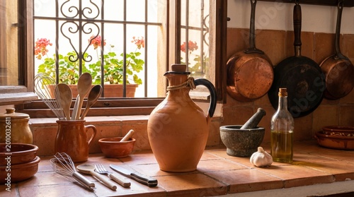 Traditional kitchen with clay jug and cooking utensils on countertop, with copy space  