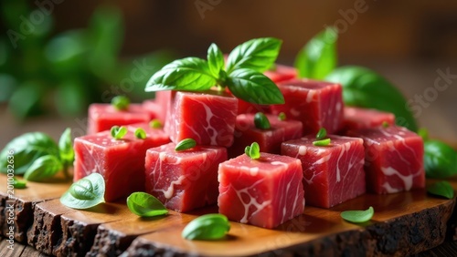 Aromatic Basil Accents Freshly Cut Cubes of Red Meat on Rustic Wooden Board