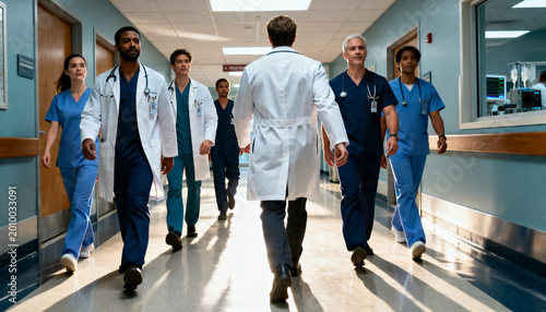 Walking doctor in white coat leading medical team down hospital corridor, wearing stethoscopes