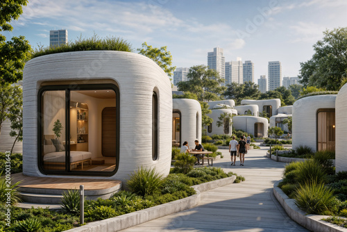 3D printed micro home community for Gen Alpha sustainable minimalist living modular pods and micro housing neighborhood showcasing affordable compact future homes and shared green spaces